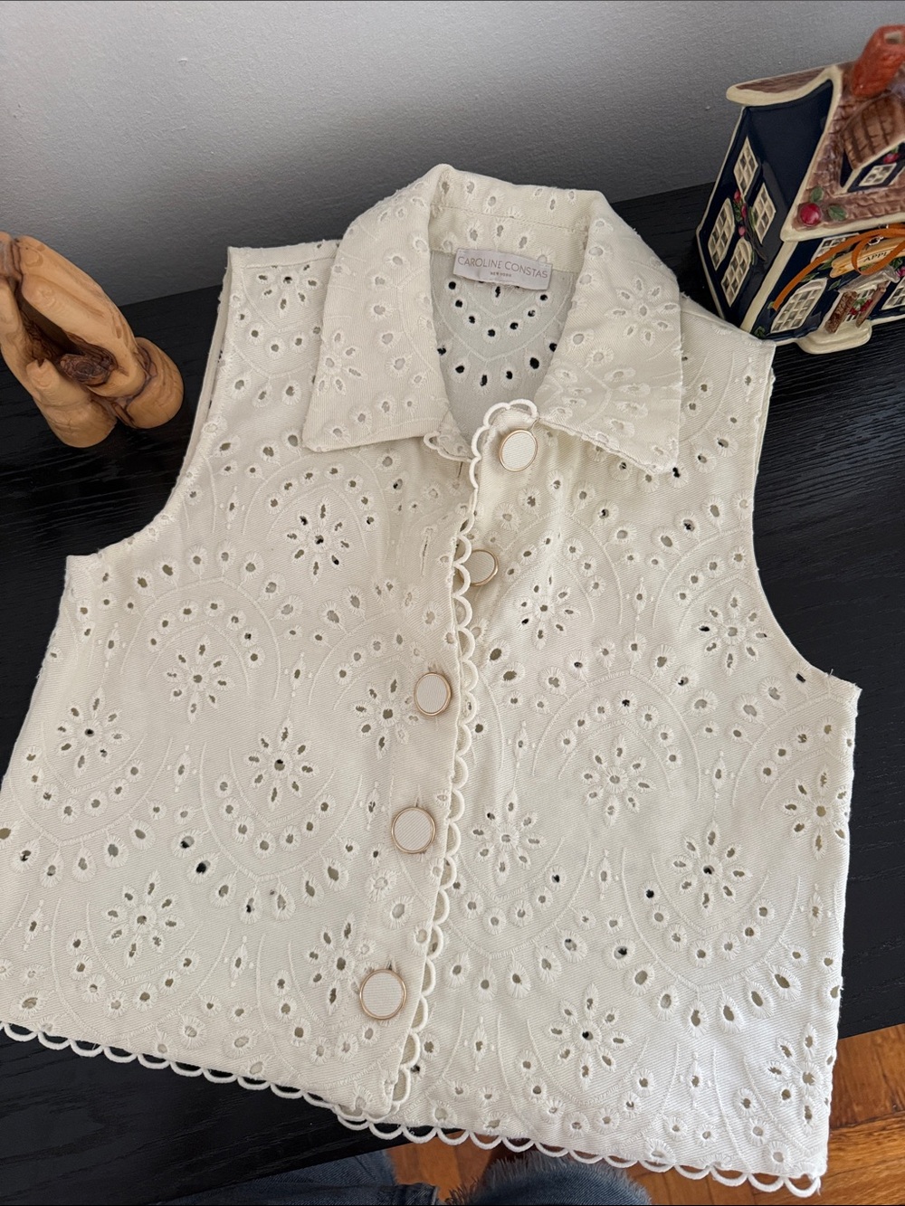 Caroline Constas Cream Eyelet Button-Front Sleeveless Top